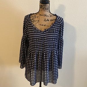 Navy blue and white gingham check sheer blouse with bell sleeves